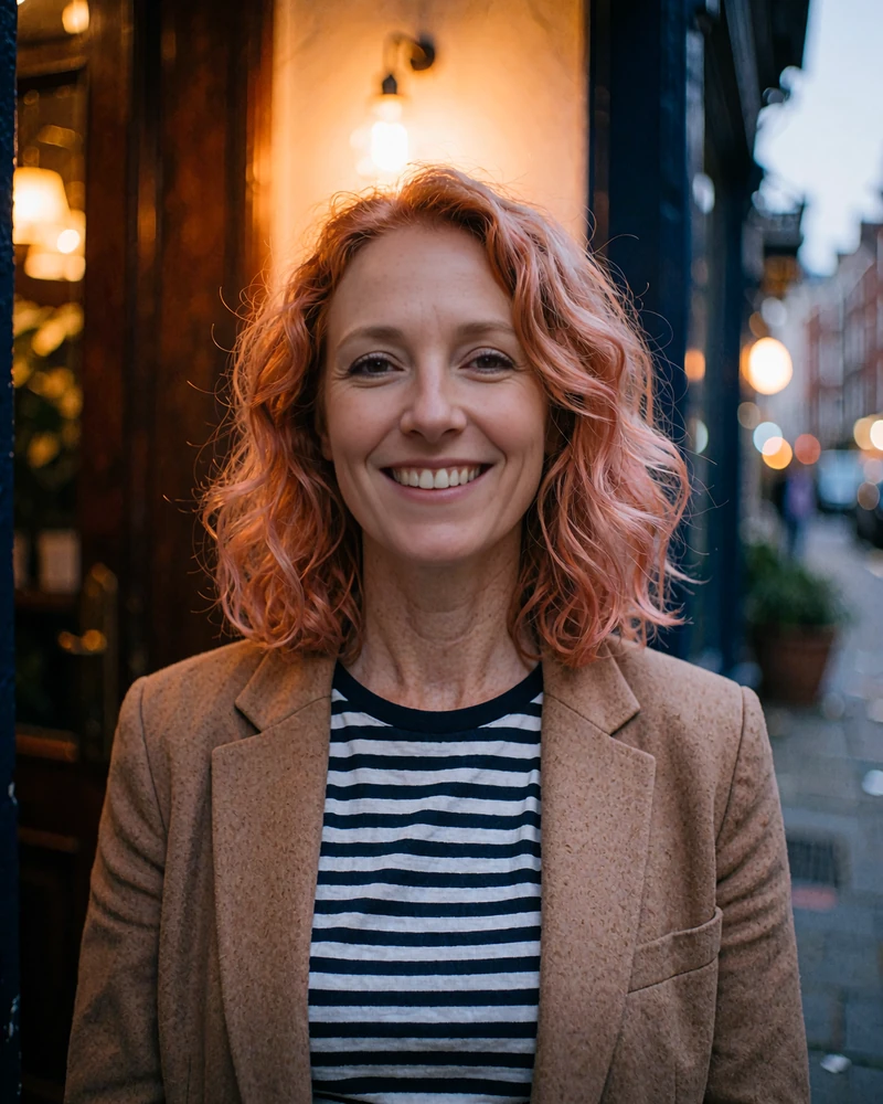 Red-haired woman in a camel blazer smiling in a warmly lit city doorway, a real single open to chat and dates