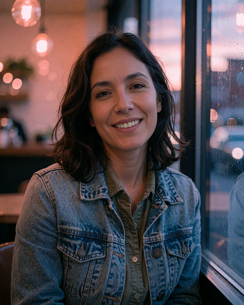 Smiling Latina woman in a denim jacket at a cafe window at dusk, example profile for local online dating