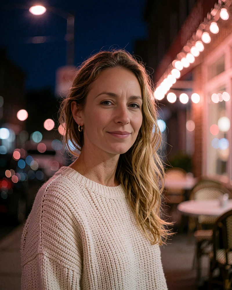 Blonde woman in a cream knit sweater on a city sidewalk at night, illustrating singles nearby on a dating site