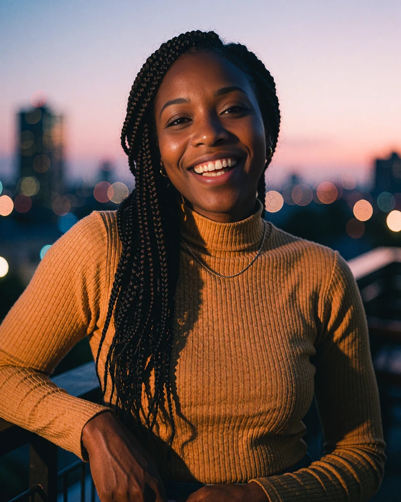 Laughing Black woman with box braids in a mustard turtleneck at a rooftop lounge, serious dating example