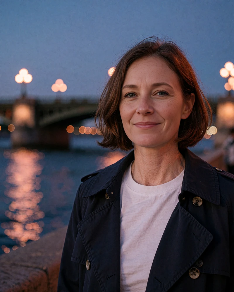 Woman in her forties with a chestnut bob and navy trench coat by a river at blue hour, mature dating profile